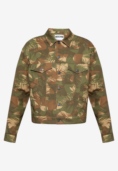 Shop Moschino Camouflage Denim Jacket In Khaki