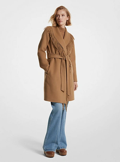Shop Michael Kors Fringe Wool Blend Belted Coat In Brown