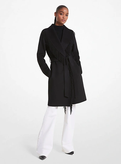 Shop Michael Kors Fringe Wool Blend Belted Coat In Black