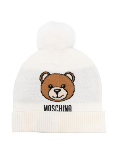 Shop Moschino Teddy Bear-motif Pompom Beanie In Neutrals