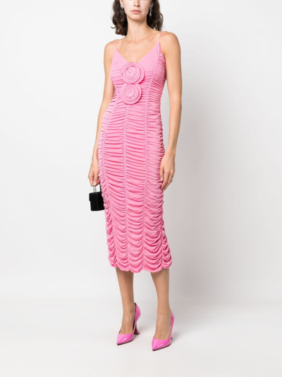 Shop Magda Butrym Floral-appliqué Ruched Midi Dress In Pink