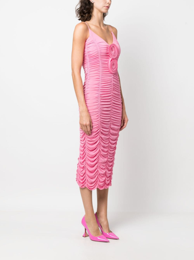 Shop Magda Butrym Floral-appliqué Ruched Midi Dress In Pink