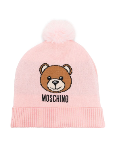 Shop Moschino Teddy Bear Pompom Beanie In Pink