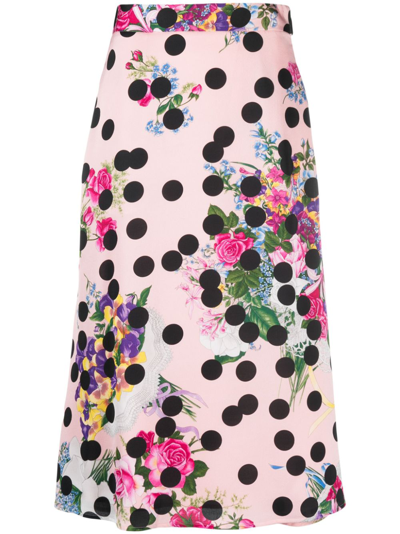 Shop Msgm Mix-print High-waisted Midi Skirt In Pink