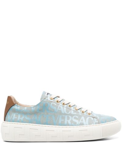 Shop Versace Greca Logo-jacquard Sneakers In Blue