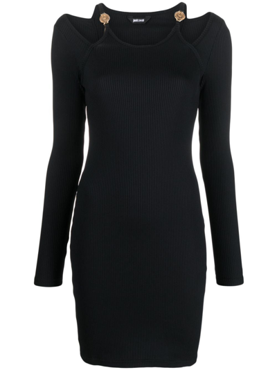 Shop Just Cavalli Ribbed-knit Cut-out Minidress In Black