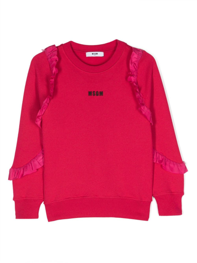 Shop Msgm Logo-embroidered Ruffle-detailing Sweatshirt In Pink