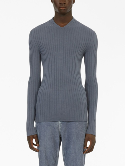 Ferragamo V-neck Ribbed-knit Jumper In Grey