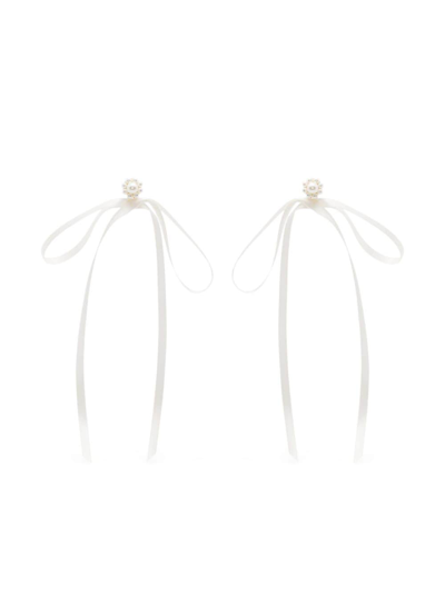 Shop Simone Rocha Pearl-embellished Ribbon Bow Earrings In White
