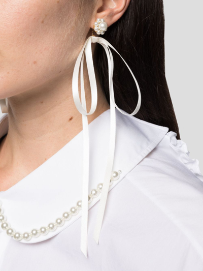 Shop Simone Rocha Pearl-embellished Ribbon Bow Earrings In White