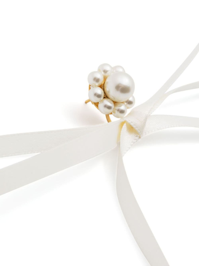 Shop Simone Rocha Pearl-embellished Ribbon Bow Earrings In White