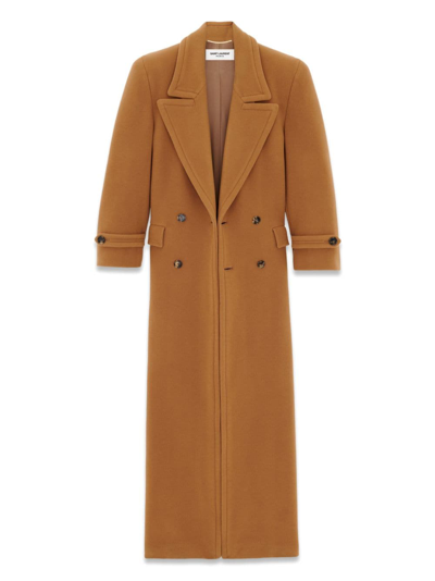 Shop Saint Laurent Double-breasted Belted Coat In Brown
