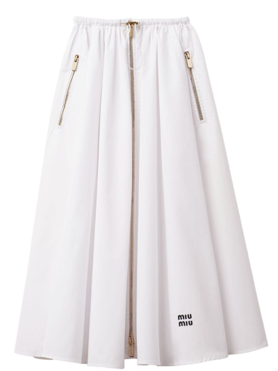 Shop Miu Miu Logo-embroidered Pleated Cotton Skirt In White