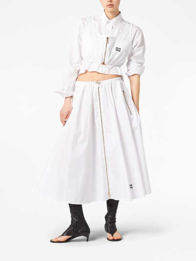 Miu Miu Popeline Drawstring Zip-front Midi Skirt In White