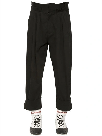 Shop Jw Anderson Pleated Cotton Canvas High Waisted Pants In Black