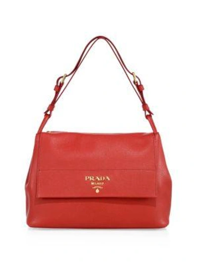 Shop Prada Daino Leather Flap Shoulder Bag In Talco