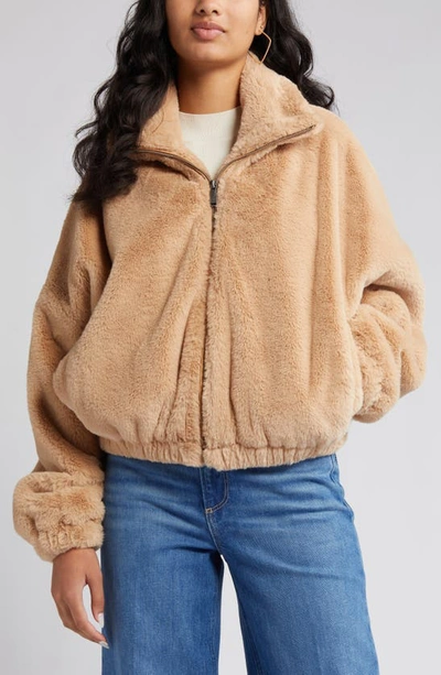 Shop Bcbgeneration Stand Collar Faux Fur Bomber Jacket In Almond