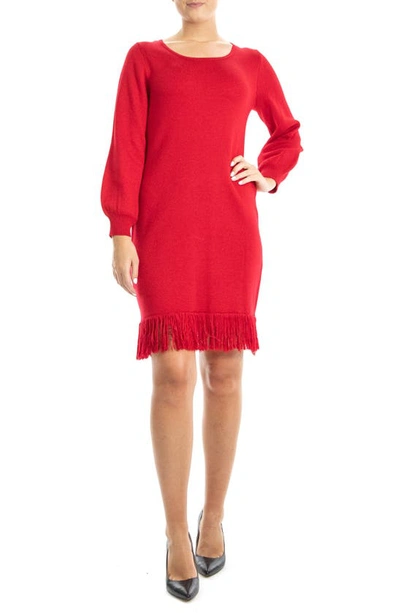 Shop Nina Leonard Balloon Sleeve Fringe Hem Sweater Dress In Red