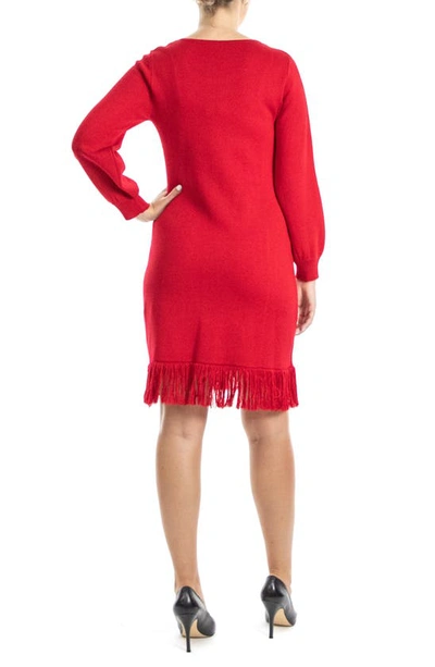 Nina Leonard Balloon Sleeve Fringe Hem Sweater Dress In Red