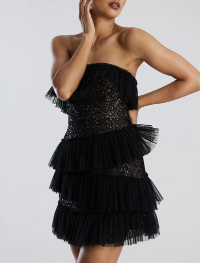 Shop Bcbgmaxazria Lilia Pleated Ruffle Lace Mini Dress In Black