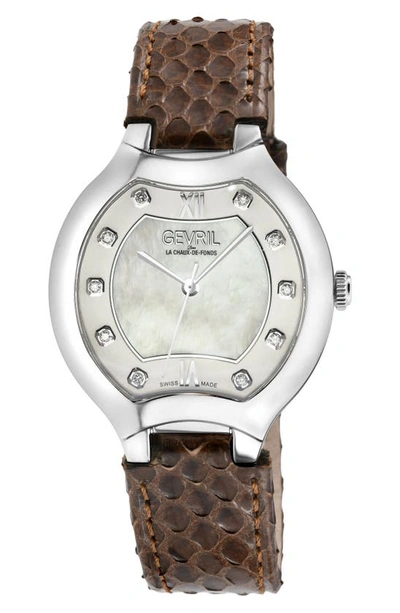 Shop Gevril Lugano Diamond Snake Embossed Leather Strap Watch, 38mm In Brown