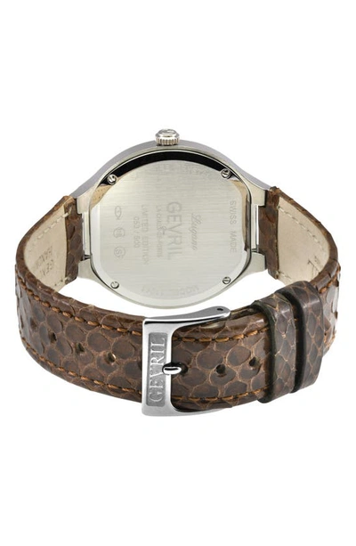 Shop Gevril Lugano Diamond Snake Embossed Leather Strap Watch, 38mm In Brown