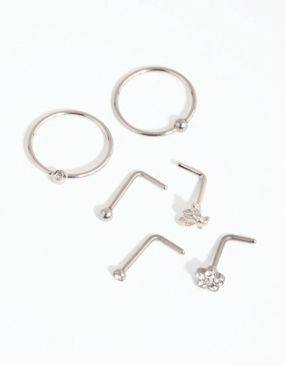 Lovisa Rhodium Flower & Bee Nose 6-pack In Silver
