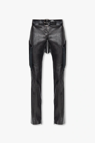 Shop Versace Black Leather Trousers With Fringes In New