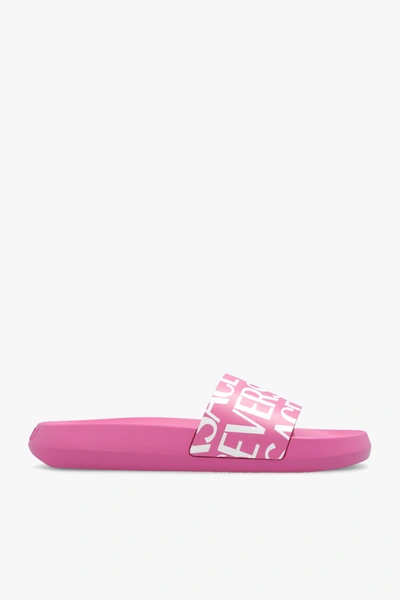 Shop Versace Pink Slides With Logo In New