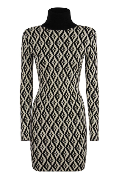 Shop Elisabetta Franchi Rhombus-patterned Knit Minidress In Black/butter