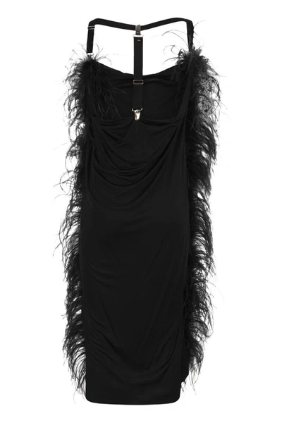 Shop Sportmax Ussita - Shiny Jersey Dress With Feather Boa In Black