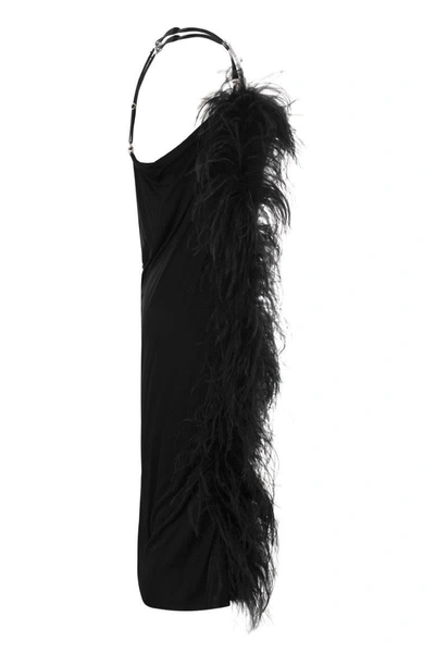 Shop Sportmax Ussita - Shiny Jersey Dress With Feather Boa In Black