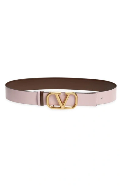 Shop Valentino Vlogo Buckle Reversible Leather Belt In Cacao/ Water Lilac