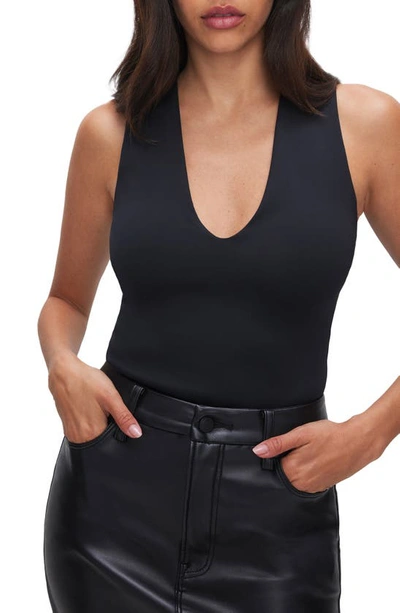 Good American Deep V-neck Scuba Knit Thong Bodysuit In Black001