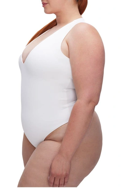 Good American Deep V-neck Scuba Knit Thong Bodysuit In White001