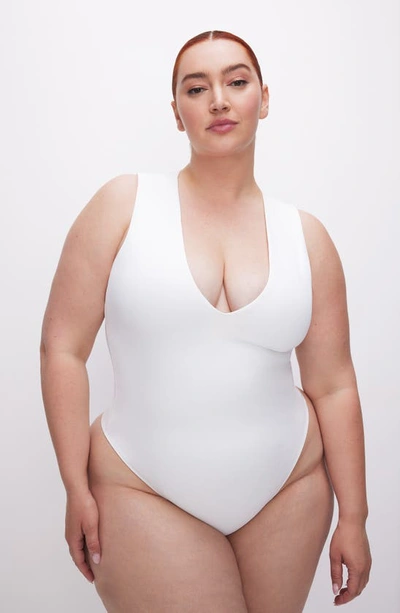 Good American Deep V-neck Scuba Knit Thong Bodysuit In White001