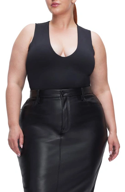 Good American Deep V-neck Scuba Knit Thong Bodysuit In Black001