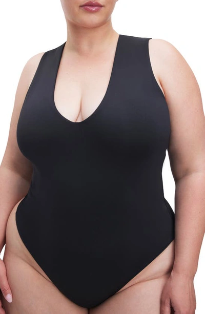 Good American Deep V-neck Scuba Knit Thong Bodysuit In Black001