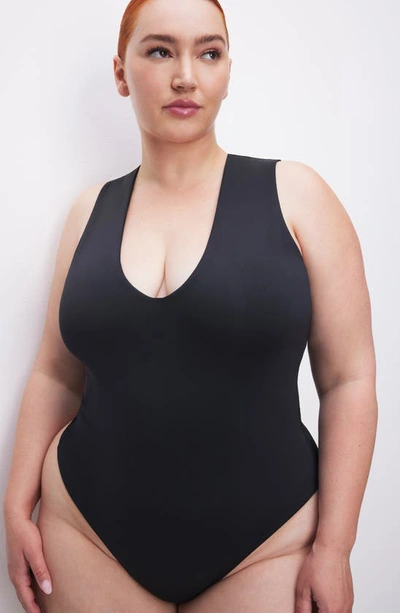 Good American Deep V-neck Scuba Knit Thong Bodysuit In Black001