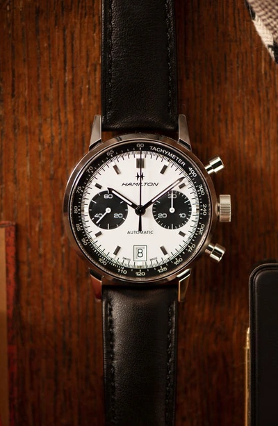 Shop Hamilton American Classic Intra-matic Automatic Chronograph Leather Strap Watch, 40mm In Black/ White/ Silver