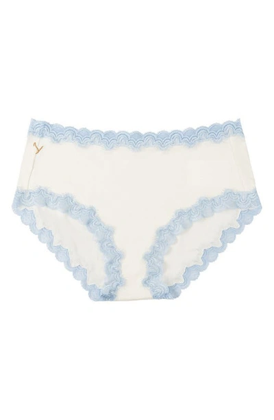Uwila Warrior Soft Silk Lace Trim Silk Briefs In White With Sky Blue