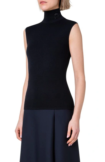 Shop Akris Crystal Trapezoid Detail Sleeveless Cashmere & Silk Turtleneck Sweater In Black