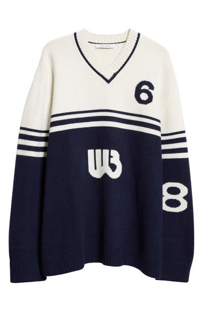 Shop Wales Bonner Motif Colorblock Wool Sweater In Ivory And Navy