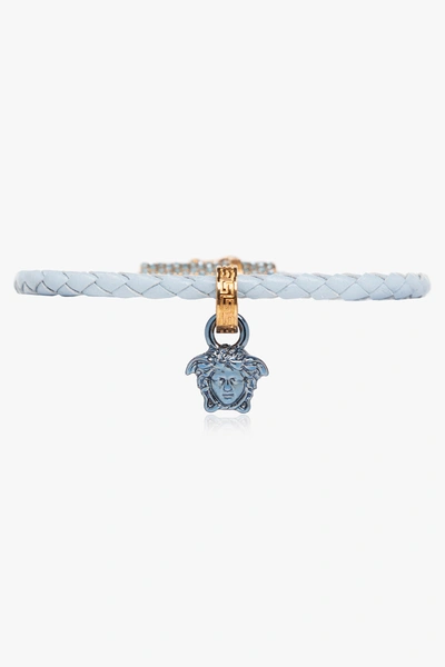 Shop Versace Light Blue Leather Bracelet In New