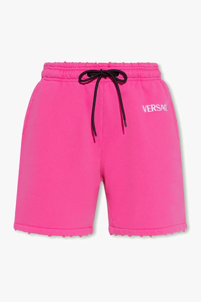 Shop Versace Pink Cotton Shorts With Logo In New