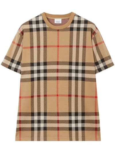 Shop Burberry Checkered Jacquard Cotton T-shirt In Archive Beige Ip Chk