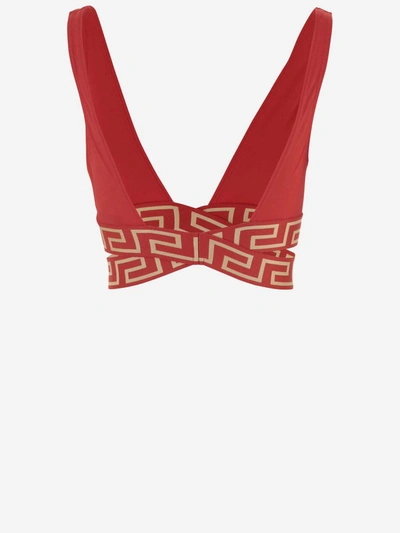 Shop Versace Triangle Bikini Top With Greek Border In Rosso