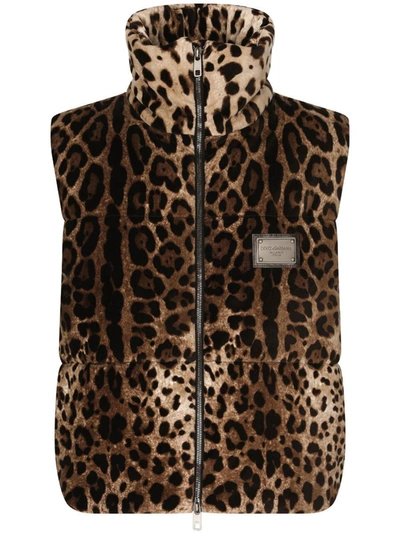 Shop Dolce & Gabbana Leopard Print Velvet Down Vest In Brown
