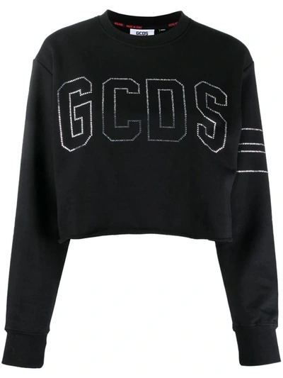 Shop Gcds Cropped Sweater With Crystal Logo In Black