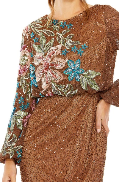 Shop Mac Duggal Embellished Sequin Long Sleeve Blouson Gown In Mocha